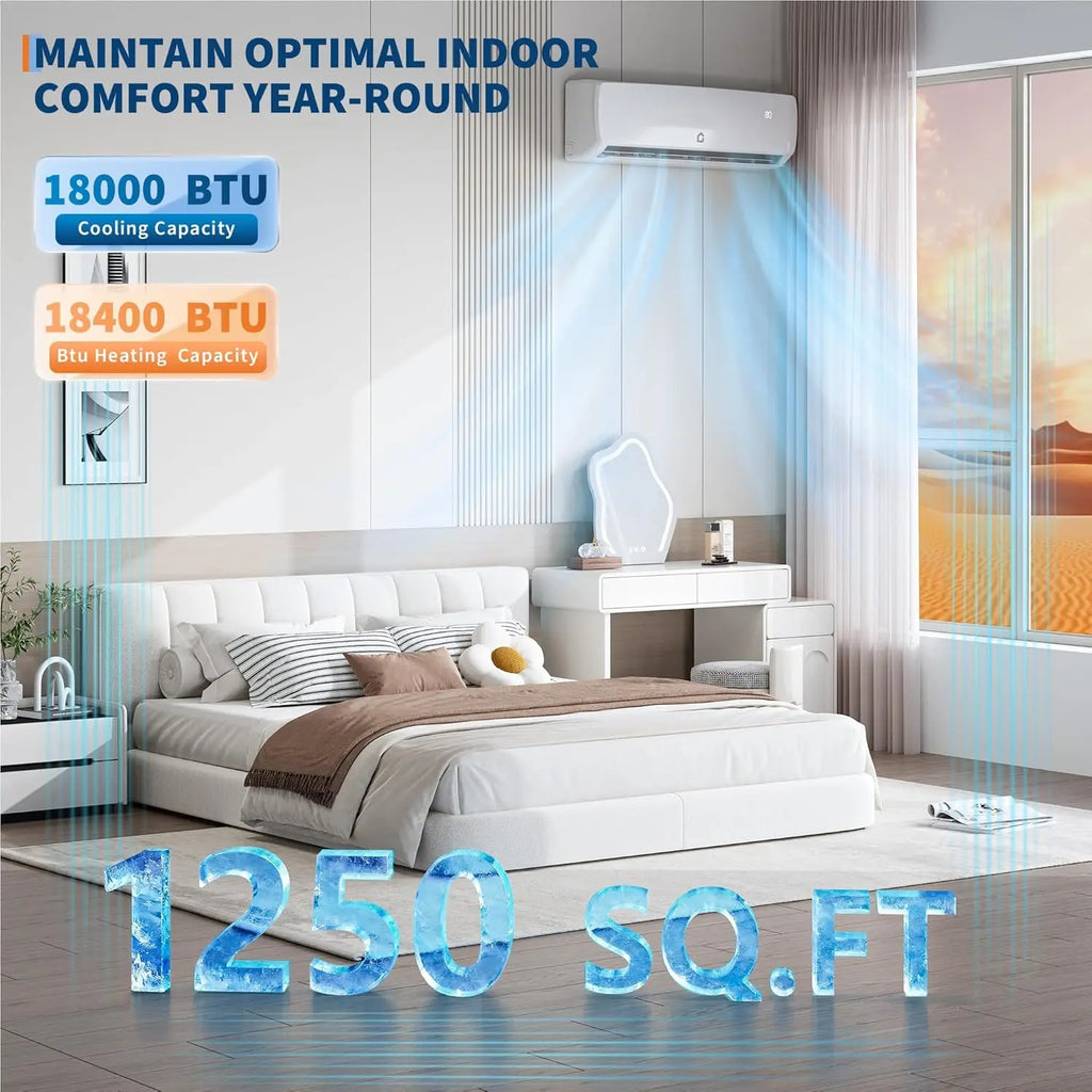 18000 BTU 19 SEER2 Ductless Mini Split Air Conditioner & Heat Pump 230V - 750-1250 sq ft Cooling Heating Dehumidifier 42dB