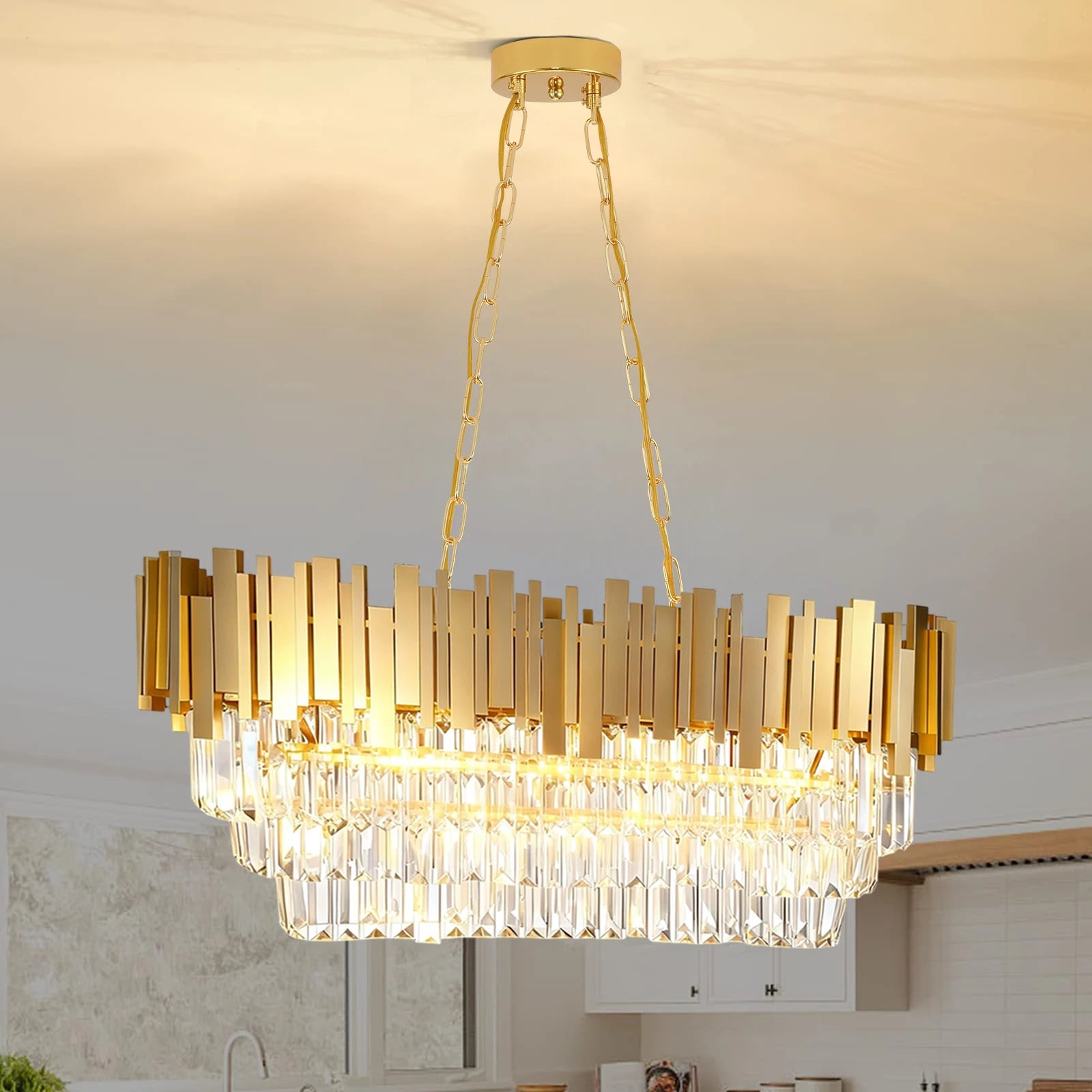 Modern luxury crystal chandelier, gold crystal chandelier, 3-layer raindrop chandelier, lighting fixtures, dining room, table, f
