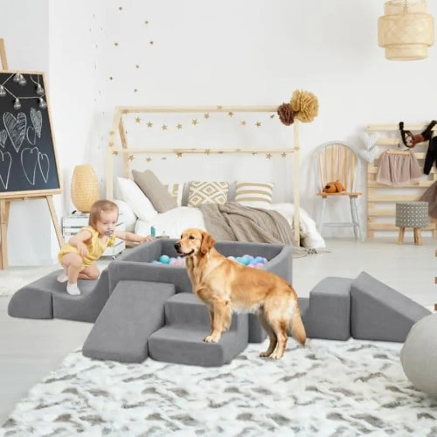 Soft Foam Climbing Blocks with Ball Pit 6PCS Grey Indoor Climbing Toys for Toddler Climb and Crawl Activity Play Set,Grey