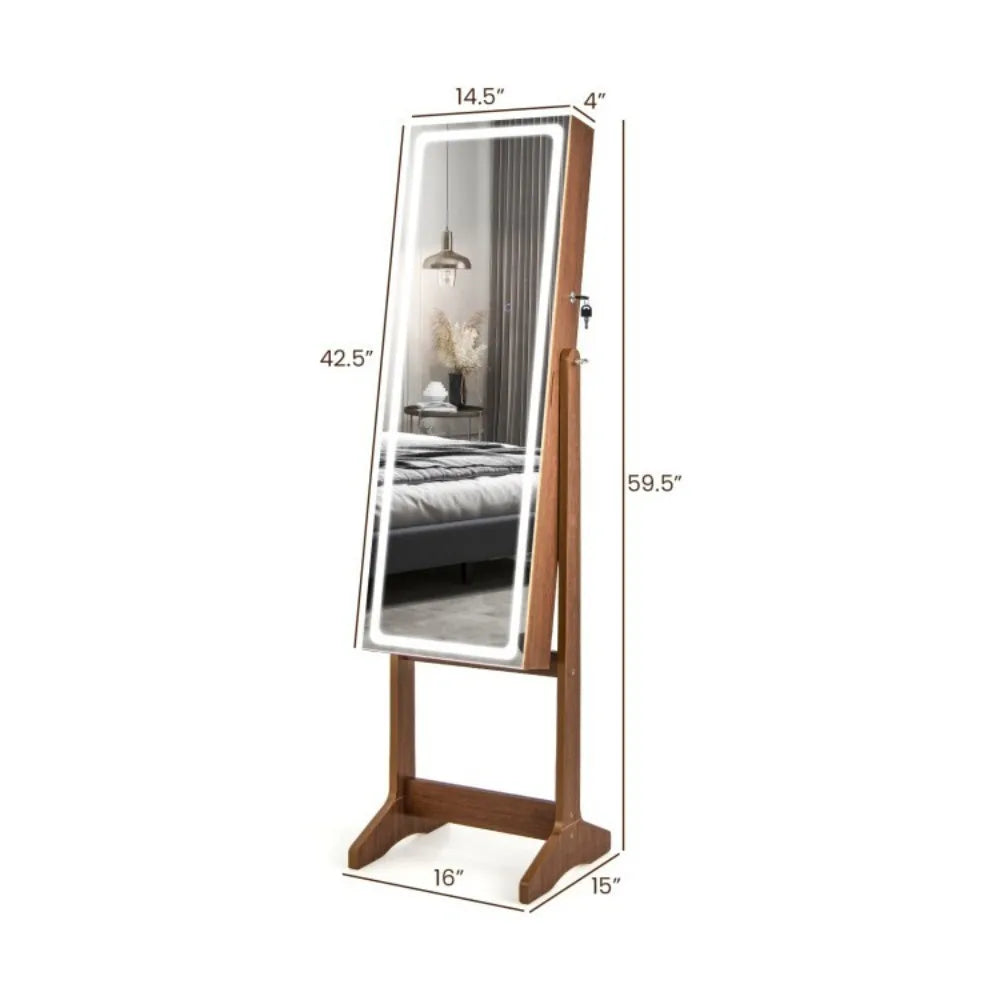 Lockable Jewelry Armoire Standing Cabinet Makeup Women Mirror W/ Lighted Mirror