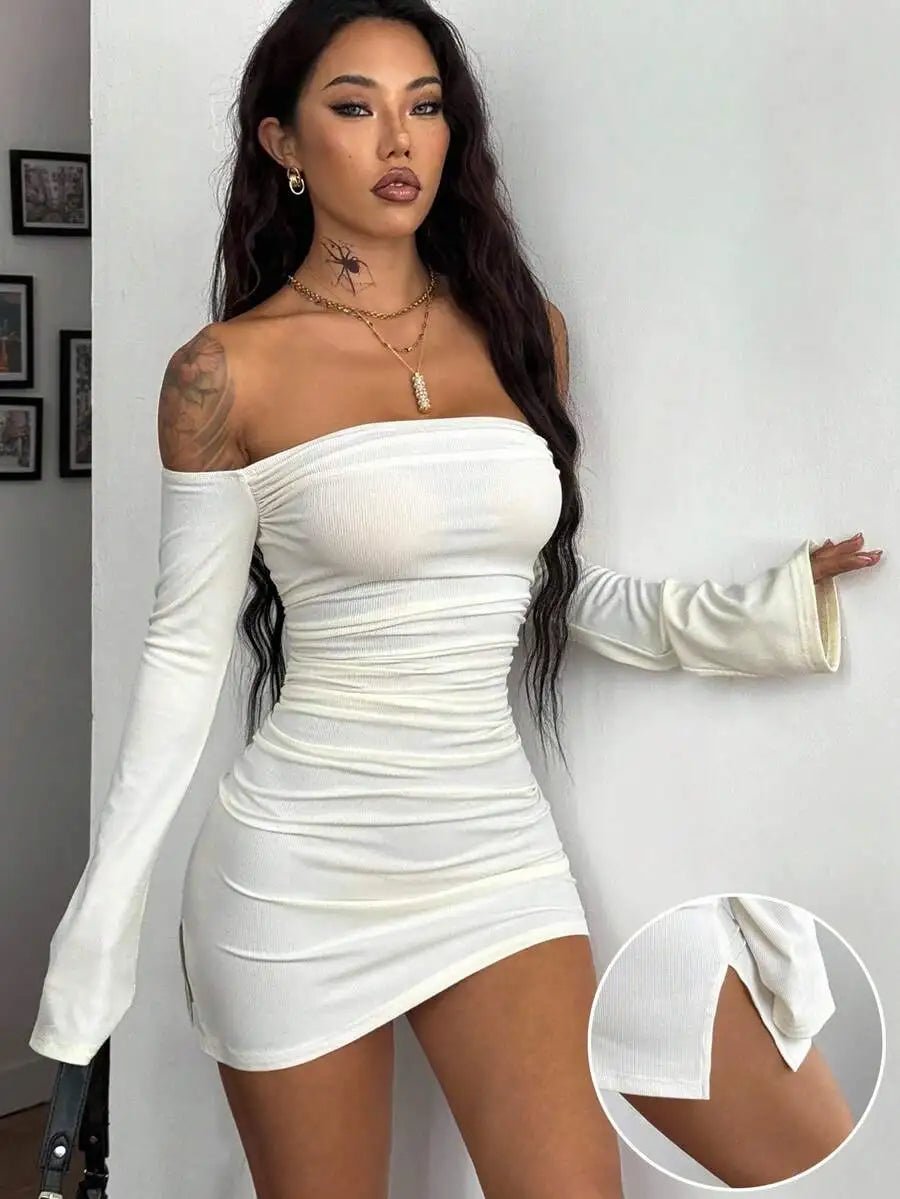 Off Shoulder Ruched Mini Dress with Long Sleeves - Stretchy Ribbed Knit for Casual Night Out
