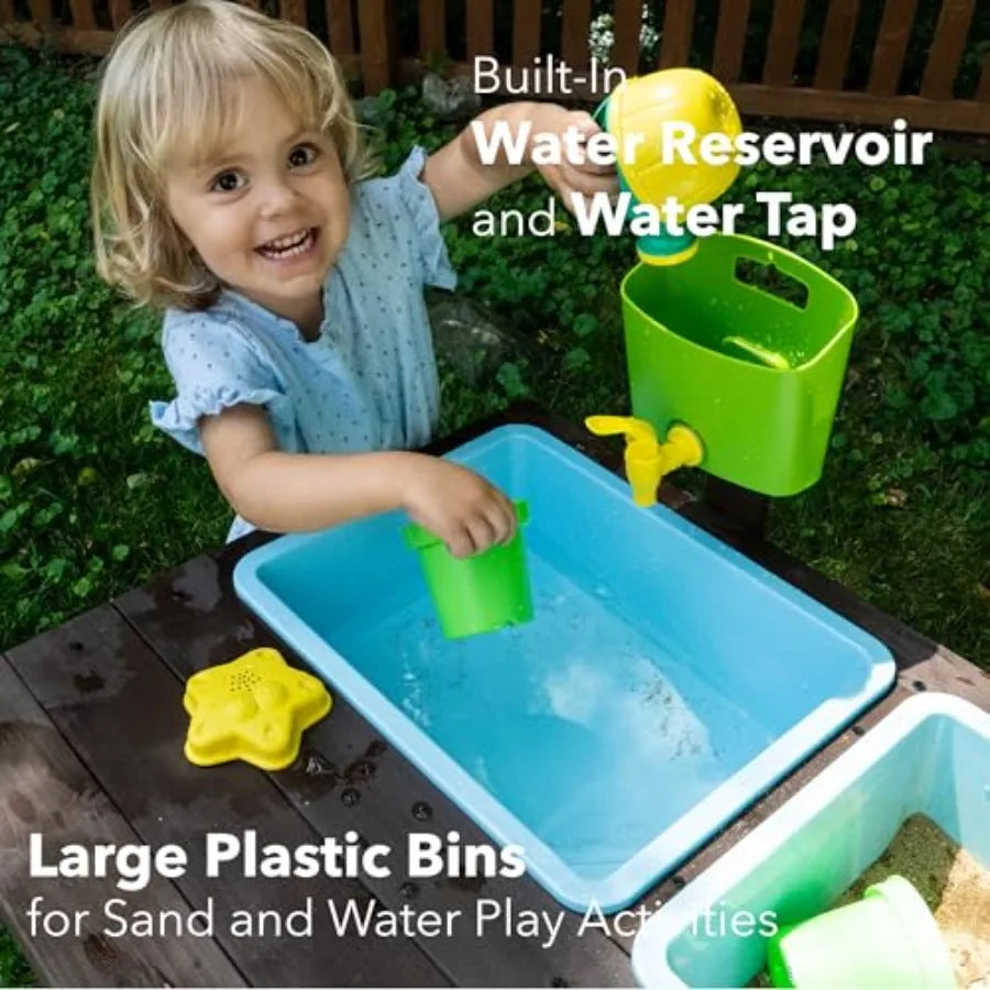 Sand and Water Table for Toddlers | Outdoor Wooden Sensory Sand Table with 2 Plastic Bins, Built-in Water Tap and Beach Toys Inc