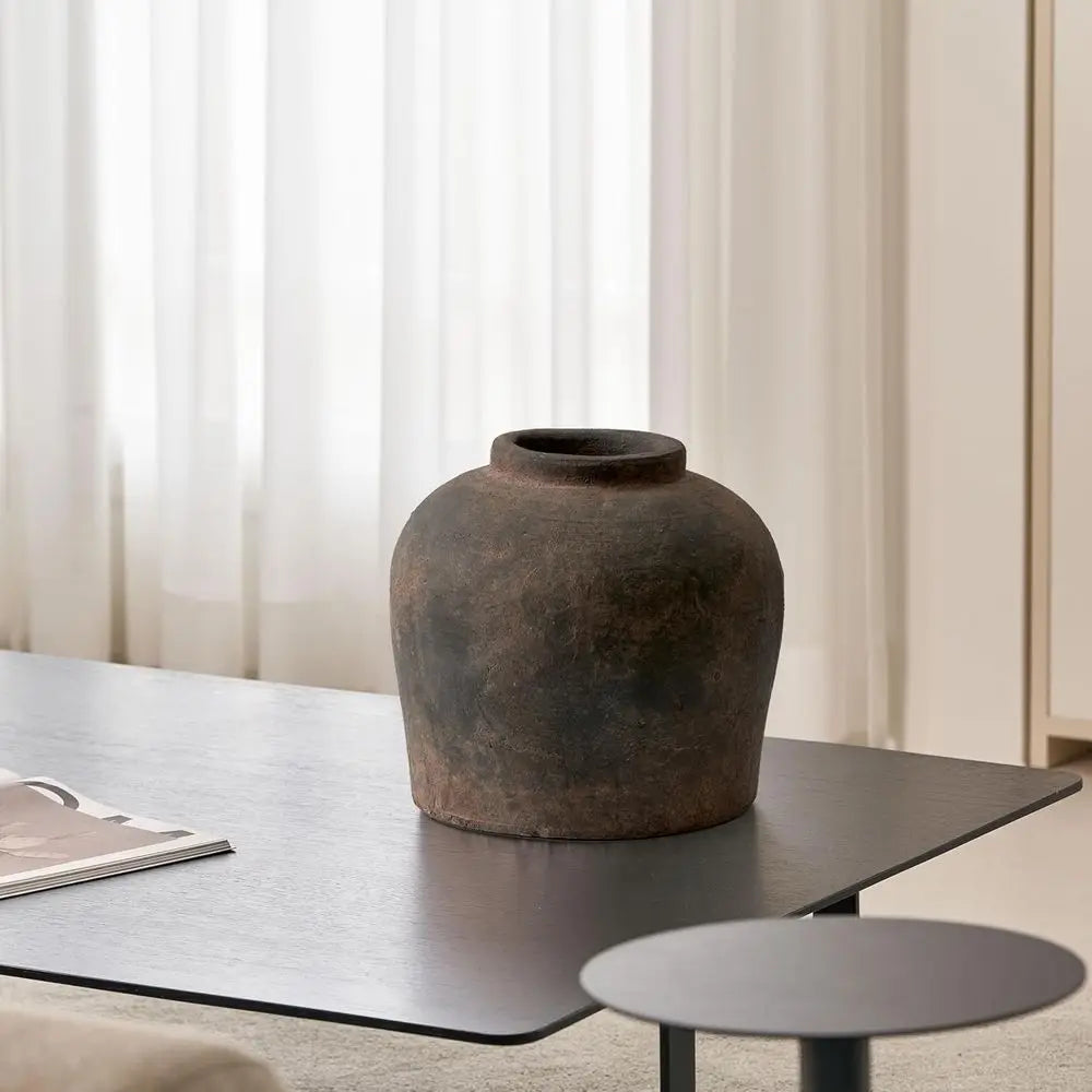 Eleven-Inch Zen-Inspired Brown Ceramic Vase, Terra Cotta Style, Distressed Farmhouse Decorative Pottery for Home