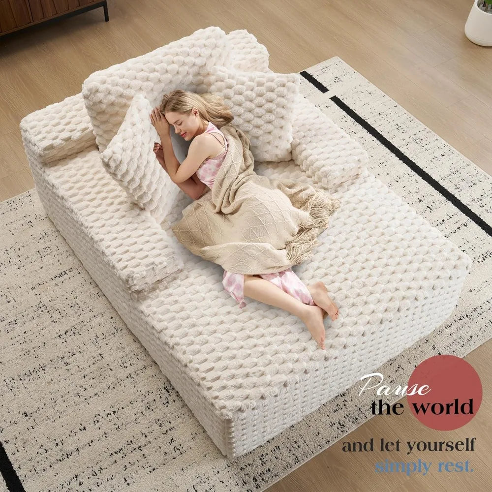 67 Chaise Lounge Sofa, Faux Fur Sleeper Chaise with Armrests and Throw Pillows, No-Assembly Couch for Living Room or Apartment.