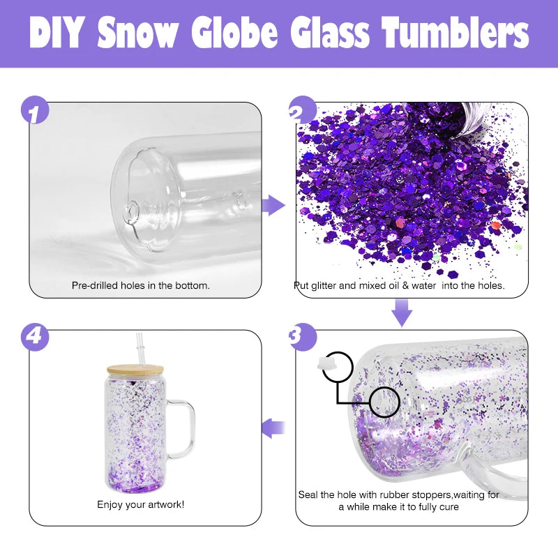 25pcs Pack 16oz Clear Double-Walled Glass Drinkware Pre-Drilled Sublimation Snow Globe Glass Beer Can with Handle and Plug Hu