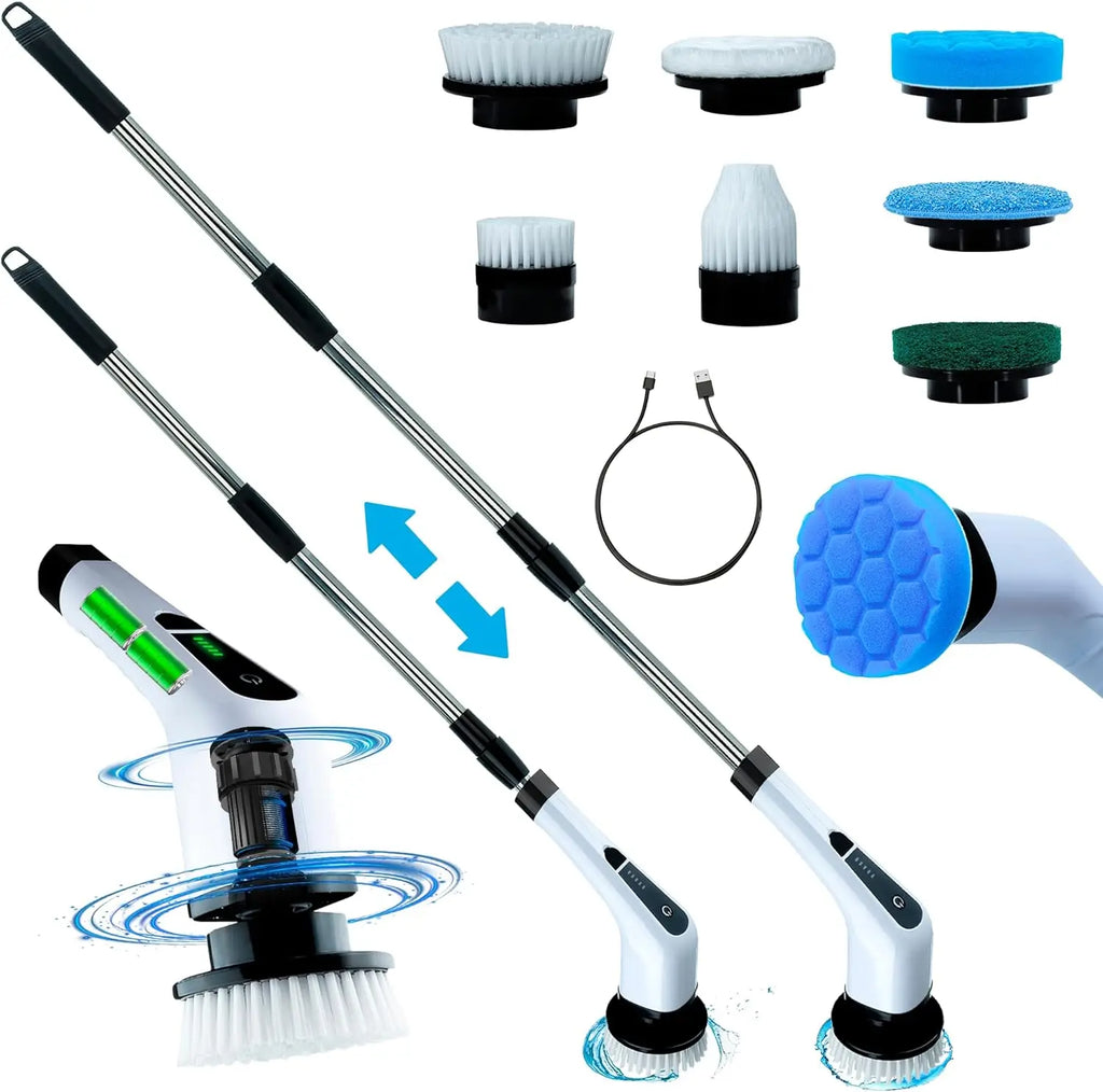 Chimera MKT Electric Spin Scrubber - Cordless, 7 Heads, 2 Speeds, Long Handle Shower Cleaner (White)