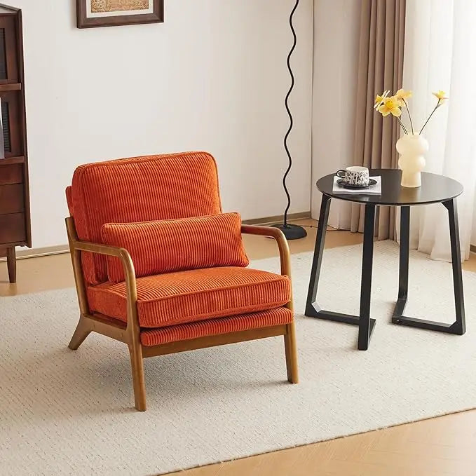 Mid-Century Modern Accent Chair, Living Room Chairs with Pillow Corduroy Upholstered Lounge Armchair with Solid Wood Frame