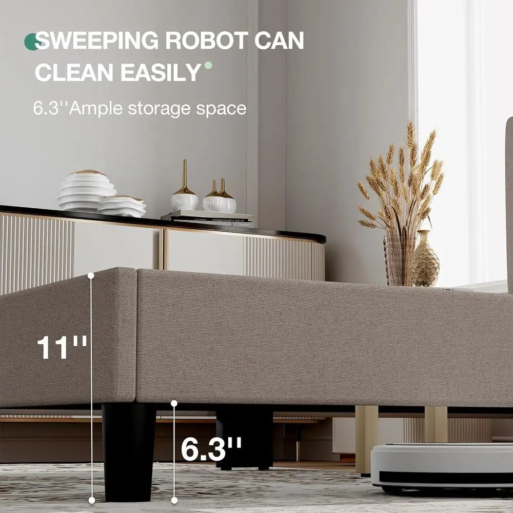 Queen Size Bed Frame with Upholstered Headboard, Wood Slat Support, No Box Spring Needed, Heavy Duty, Easy Assembly, Beige