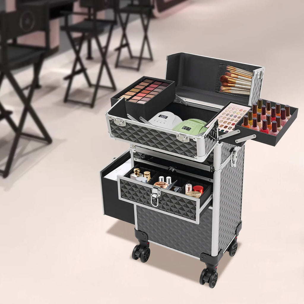 Professional Rolling Makeup Train Case with Shoulder Strap & 4 Keys, Large Storage Cosmetic Trolley Salon Barber Case