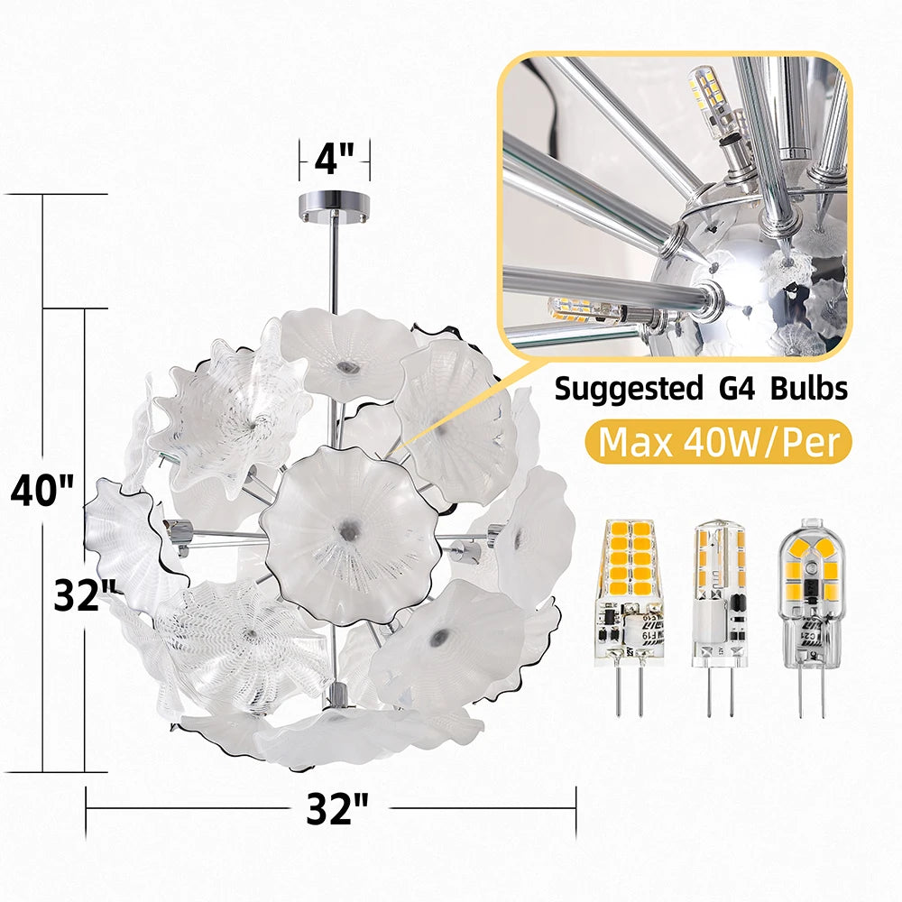 Longree Art Handmade Murano Glass Chandelier Flower Shaped LED Pendant Light for Home Entrance Hall Decorative Ceiling Lighting