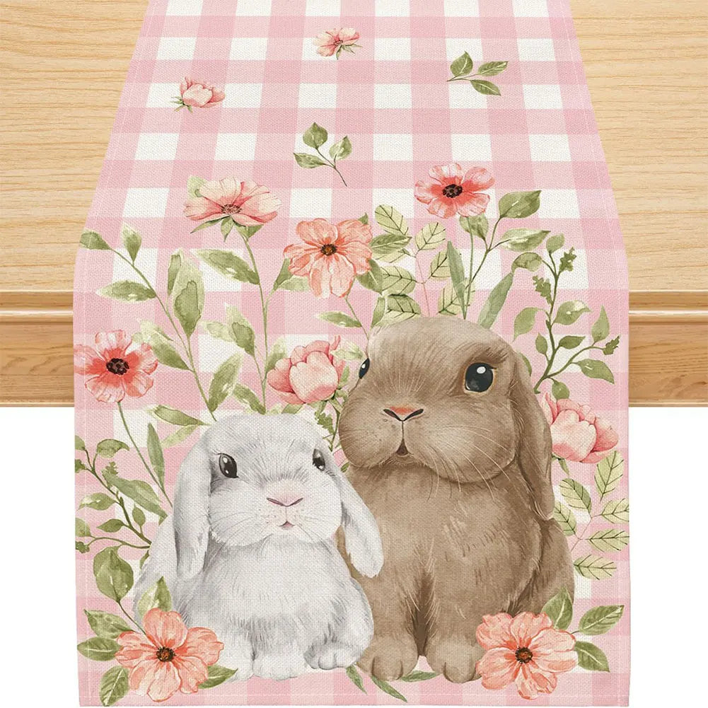 Easter Bunny Linen Table Runner Easter Rabbit Table Runner Washable Easter Bunny Spring Linen Table Runner Holiday Party Decor