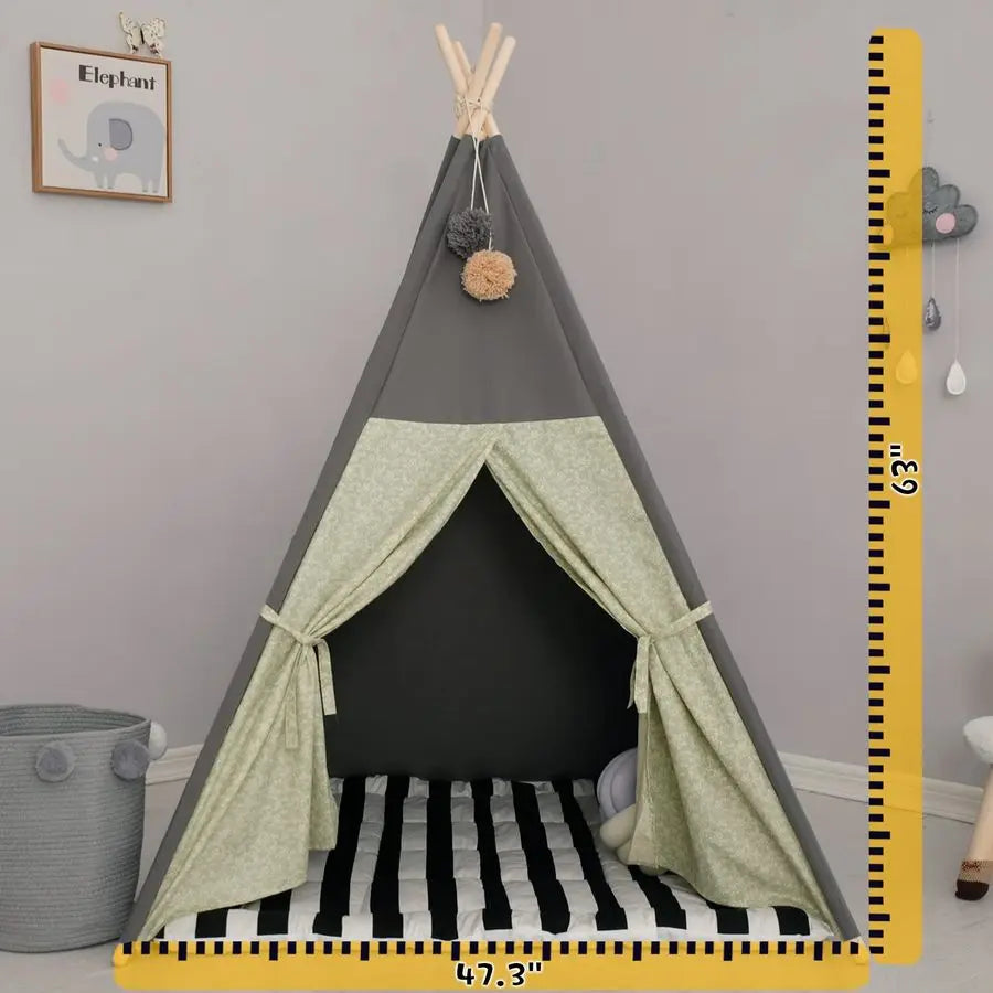 Tent for Kids Stripe Padded Mat Foldable Dark Tone Grey Play Tents for Girl and Boy with Carry Case Wooden Pole Printing Canvas