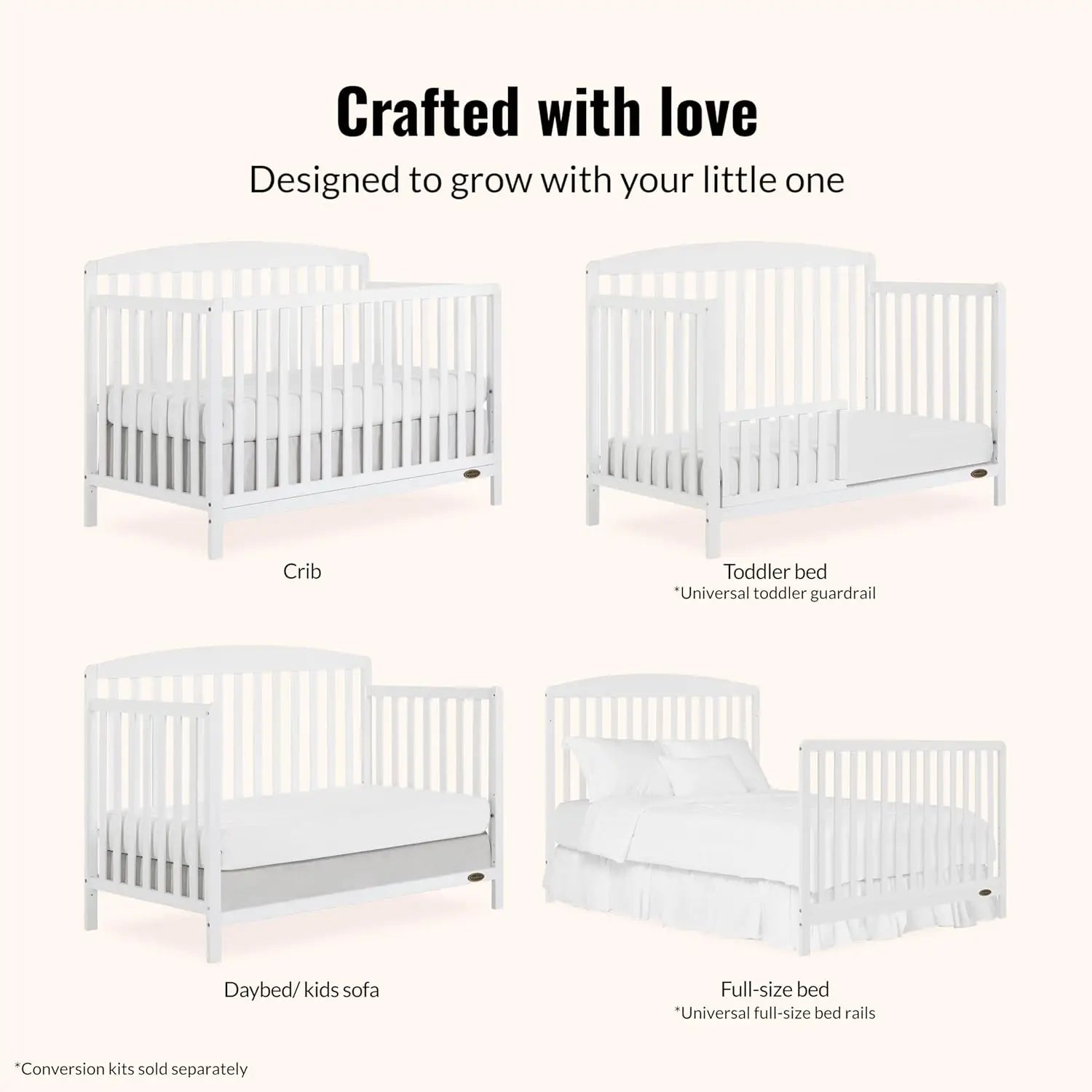 5-in-1 Convertible Full-Size Baby Crib in White, Converts to Toddler & Bed, Sustainable Pinewood, Adjustable Mattress