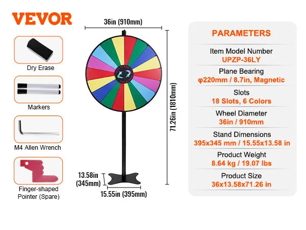 SucceBuy 18/24/36 inch Spinning Prize Wheel 14 Slots Spinning Wheel Tabletop  Floor Standing Win Fortune Spin Games in Party Pub