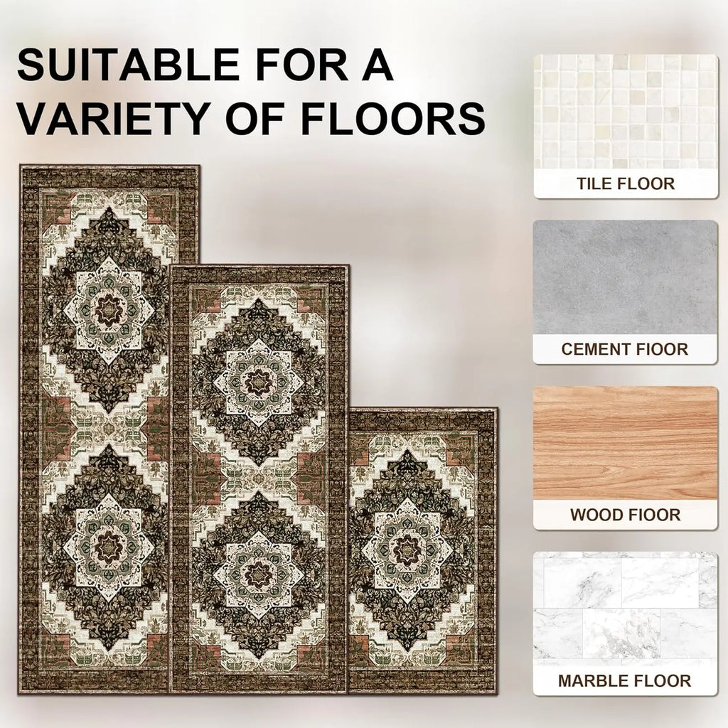 Non-Slip Kitchen Rugs Set of 3 Washable Boho Mats for Floor Farmhouse Runner Hallway Laundry Room