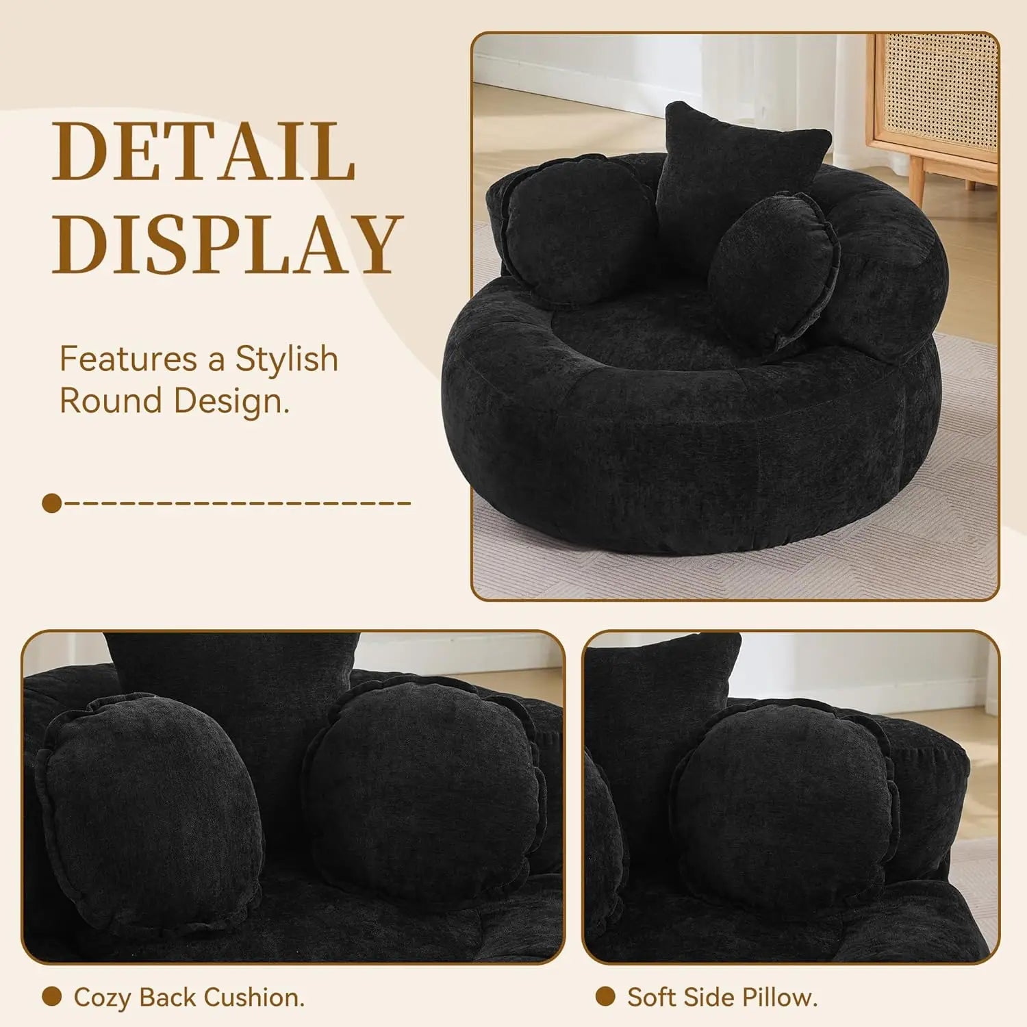 Oversized Chair Floor Sofa Chair, Chenille Compressed Circle Chaise Lounge, No Assembly Boneless Barrel Chair, Lazy Bean B