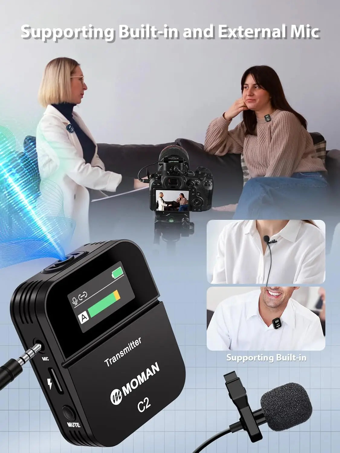 Wireless Lavalier Mic C2X 2.4G Dual Transmitter Lapel Mic for YouTube Vlog Stream Camera Smartphone