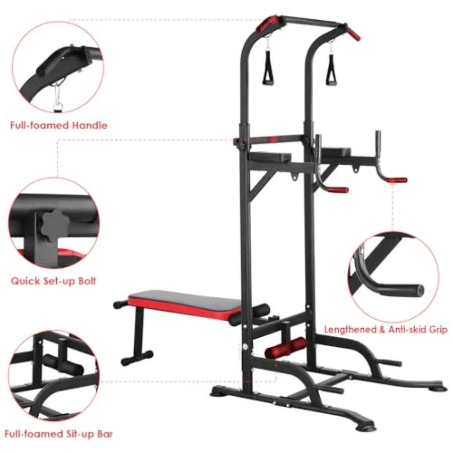 Arlopu Power Tower with Bench Pull Up Bar Stand Dip Bar w/Folding Bench 4 Ropes Strength Training Multi-Function Fitness Equipm