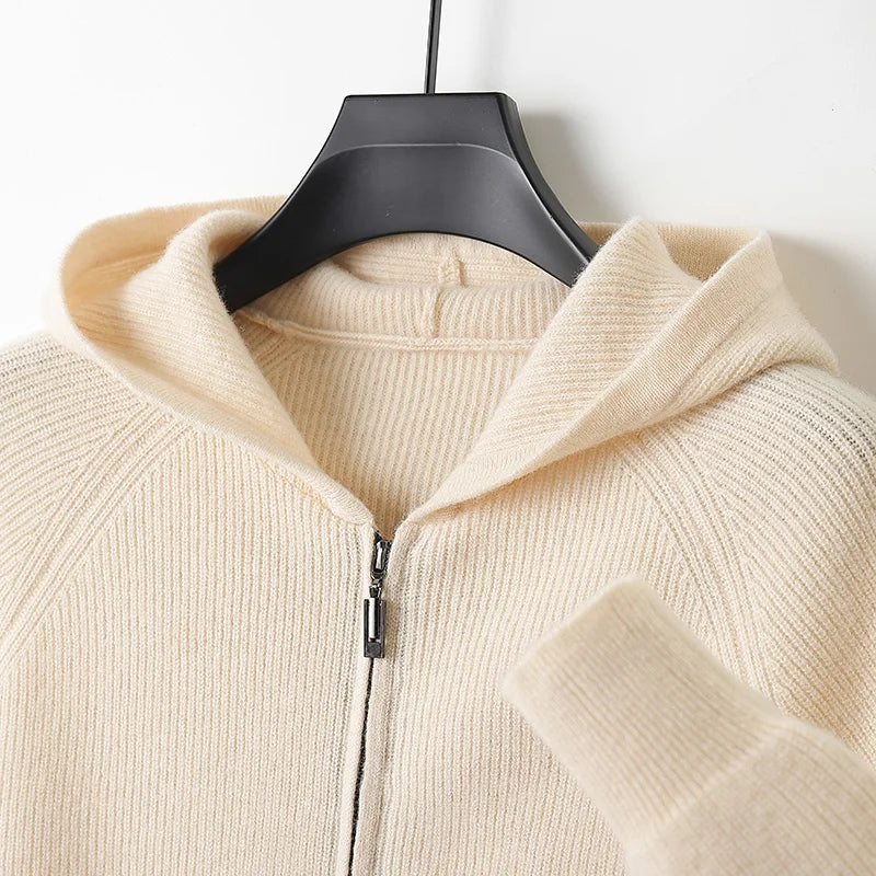 Men 100% Merino Wool Sweater Hooded Zipper Cardigan Autumn Winter Thickened Knit Large-size Jacket Long Sleeved Sportswear Coat