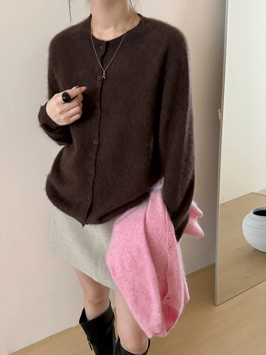 Women Fleece Wool Cashmere Sweater Cardigan Autumn Winter Round Neck Seamless Single Breasted Soft Knitwear