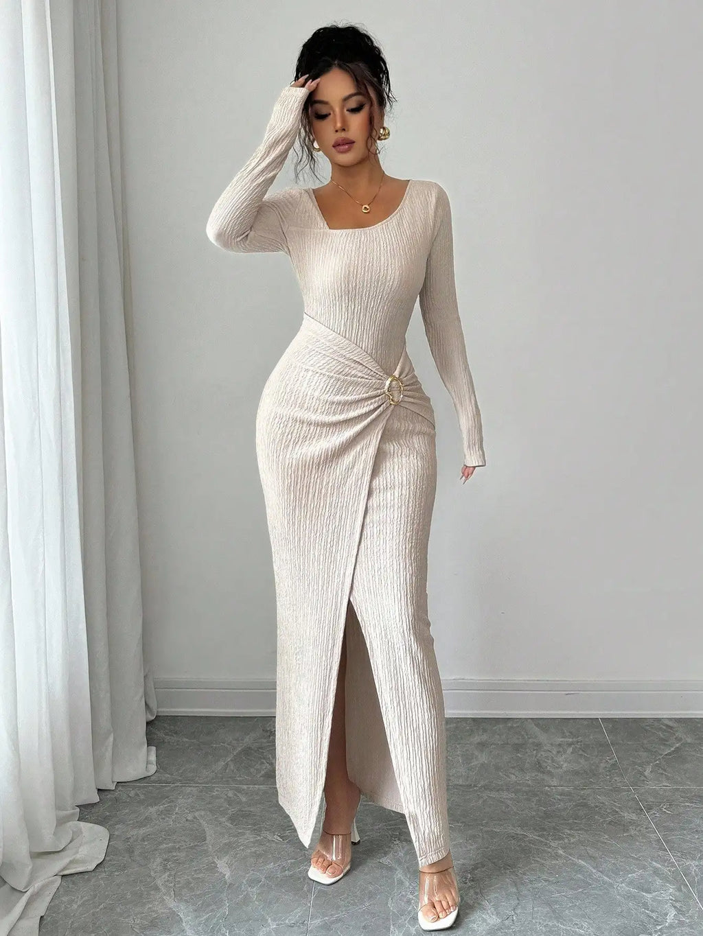 Women's Solid Color Fashion Solid Color Twisted Long Dress ,Asymmetrical -Neck Knitted Texture Tight Bodycon,