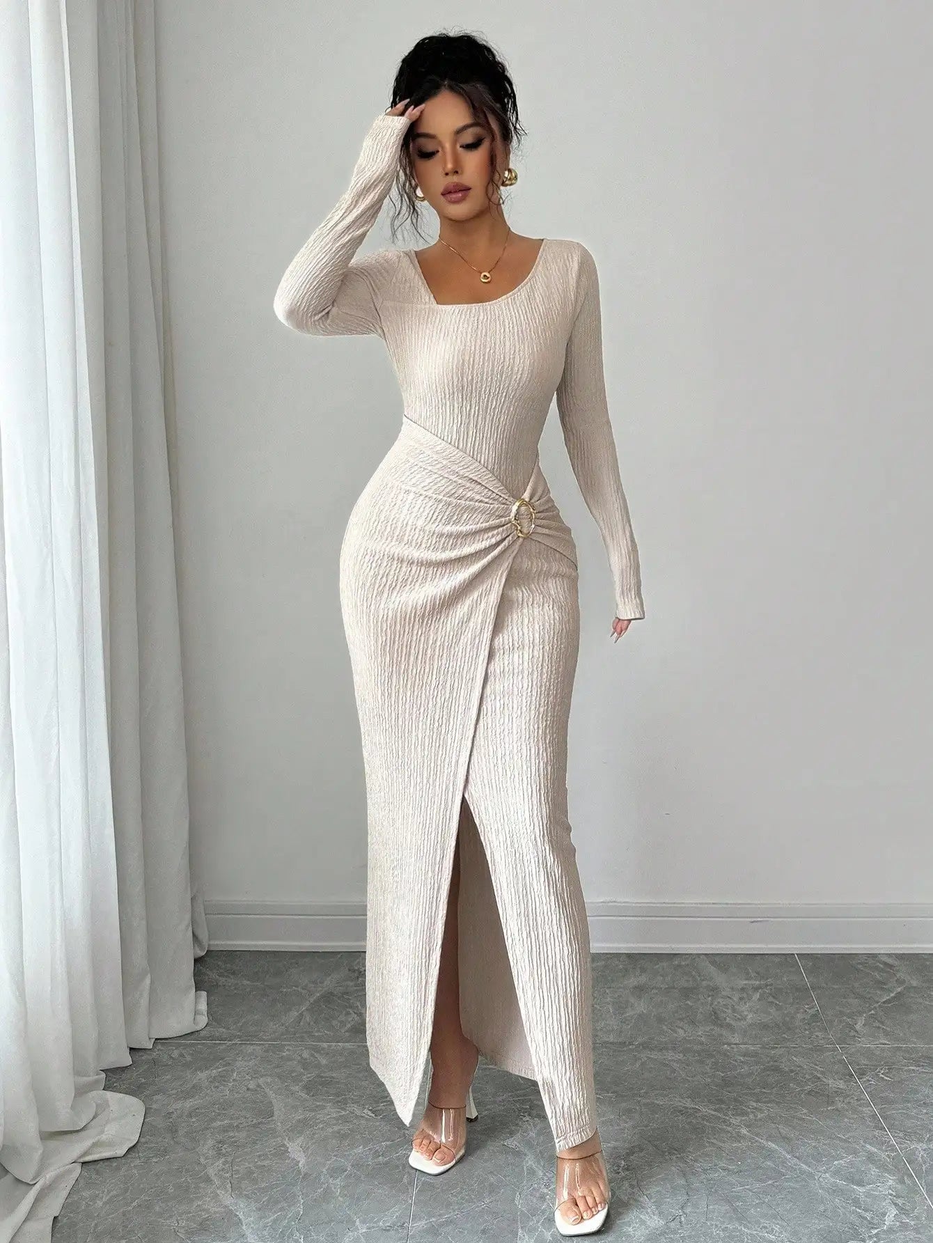 Women's Solid Color Fashion Solid Color Twisted Long Dress ,Asymmetrical -Neck Knitted Texture Tight Bodycon,