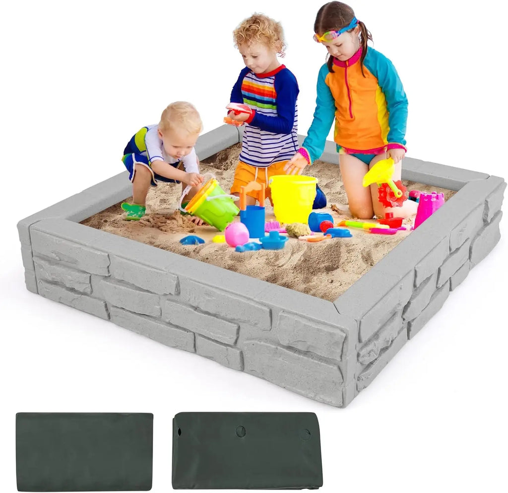 Sandbox with Cover, 47x47 Inch Square Sand Pit for Backyard, Bottom Drainage Oxford Liner, Playful All Weather Resistant Sa