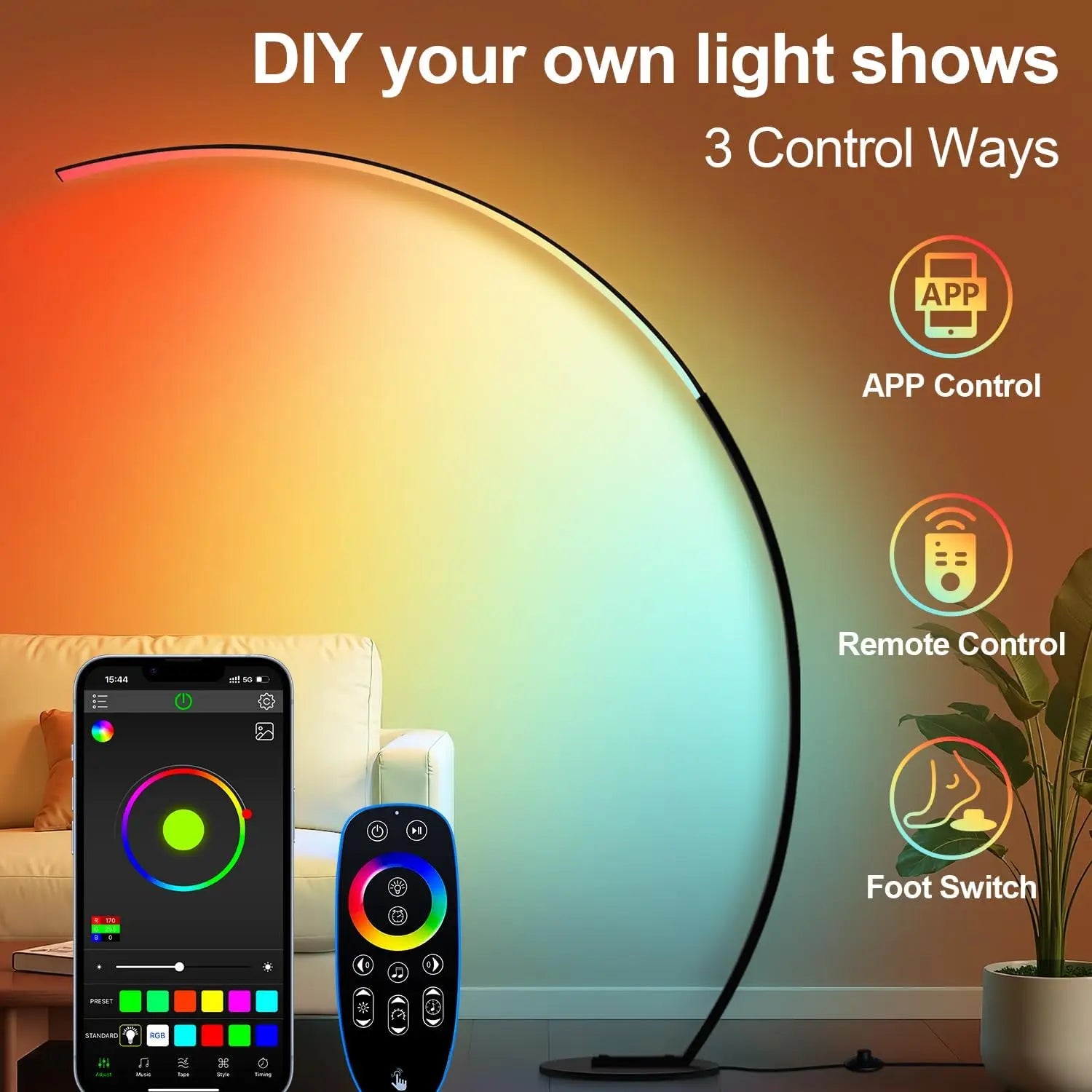 RGB Dimmable Arc Floor Lamp with Remote, 1800LM Bright LED for Living Room, Bedroom, Office