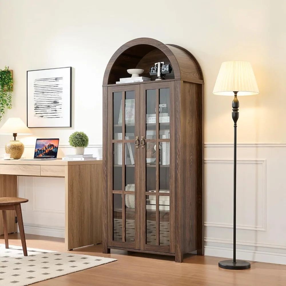 Customized. 71" Tall Arched Kitchen Pantry with Glass Doors, 5 Tier Modern Bookshelf with 2 Drawers, Wooden Storage Cabinet with