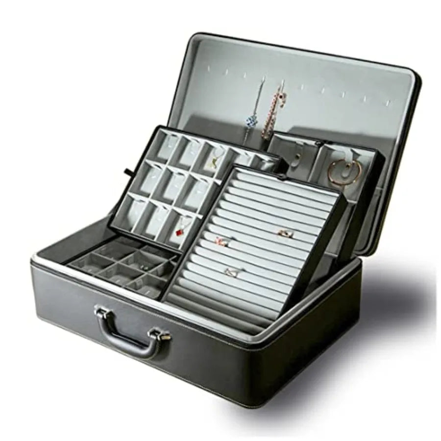 Jewelry Box Carriable Large Commercial Organizer with Handle Zipper Faux-Leather Accessory Case Storage with Trays Gift for Wom