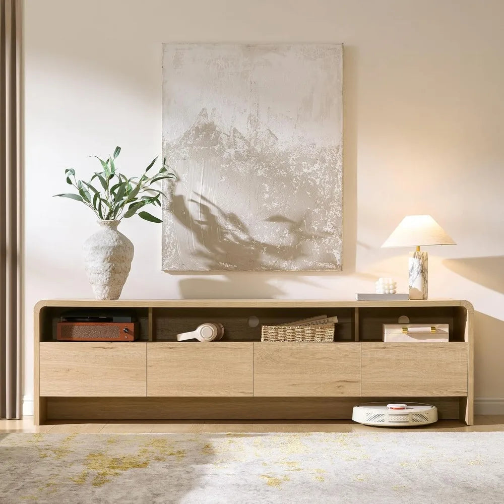 70" Modern TV Stand for 80" TVs, Curved Wood Console with Storage Cabinets, Media Entertainment Center for Living Room