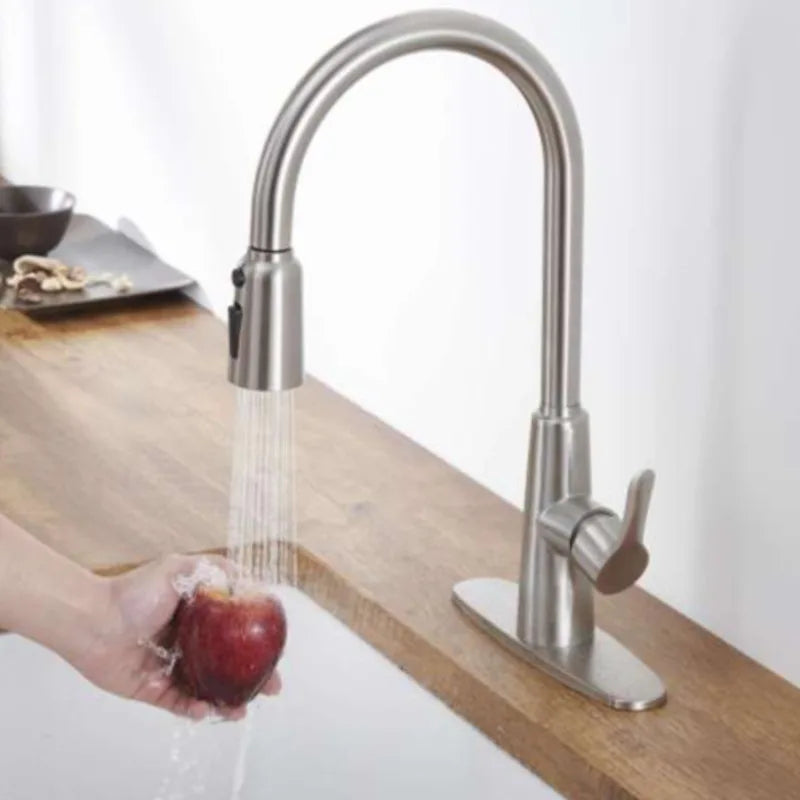 Stainless Steel High Arc Kitchen Faucet  Brushed Nickel Pull Out Sprayer 3 Way Setting Single Handle Leak Proof Sink Fixture