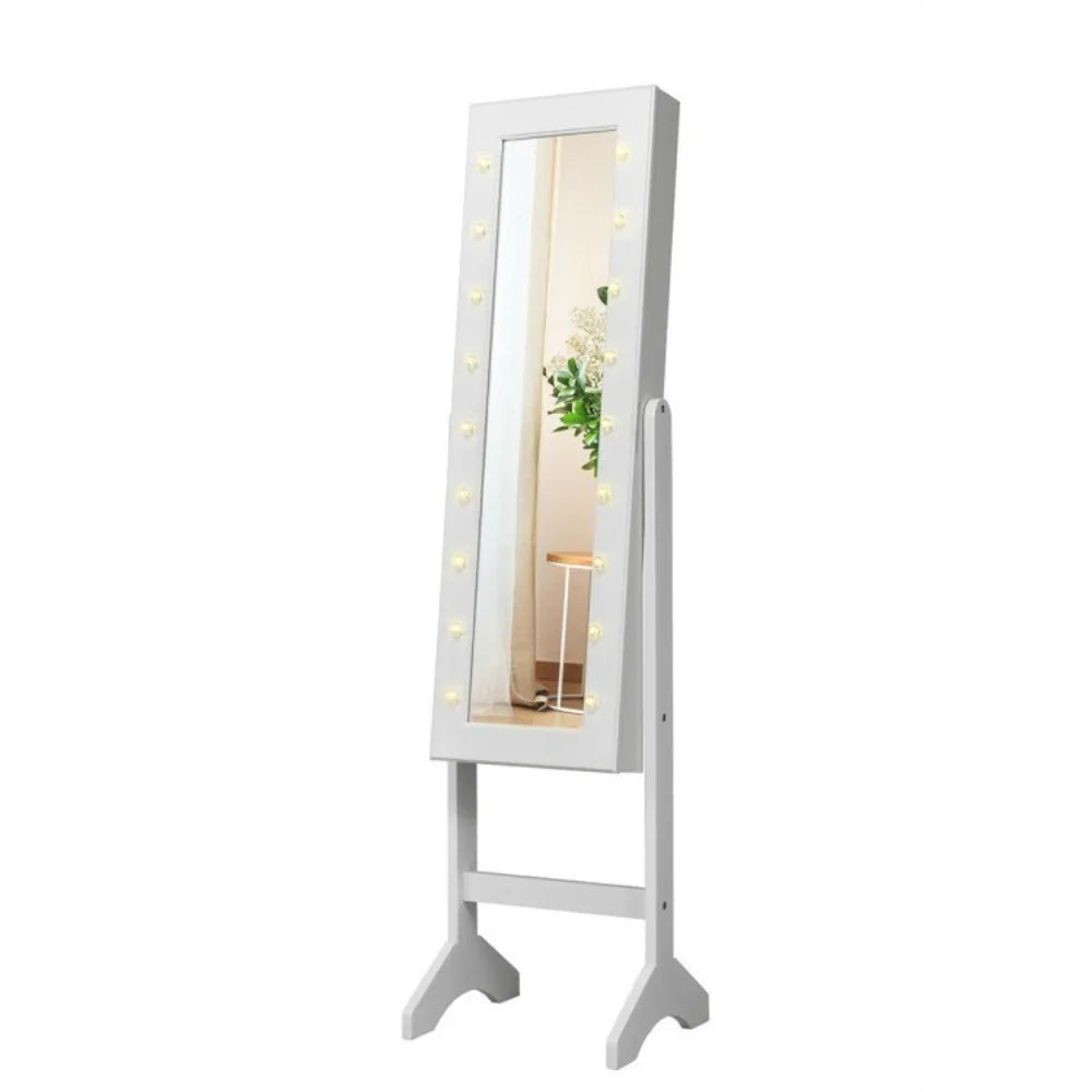 Jewelry Cabinet Armoire Storage Organizer Free Standing Full Mirror w/LED Lights