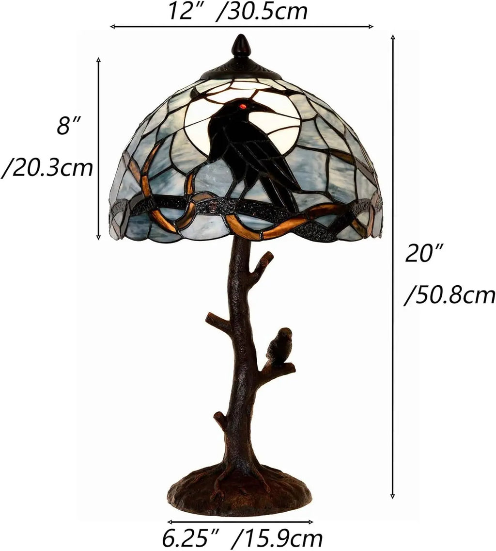 Raven on Tree Branch Moonlight Tiffany Stained Glass Table Lamp Home Decor Dark Blue 12Wx20H