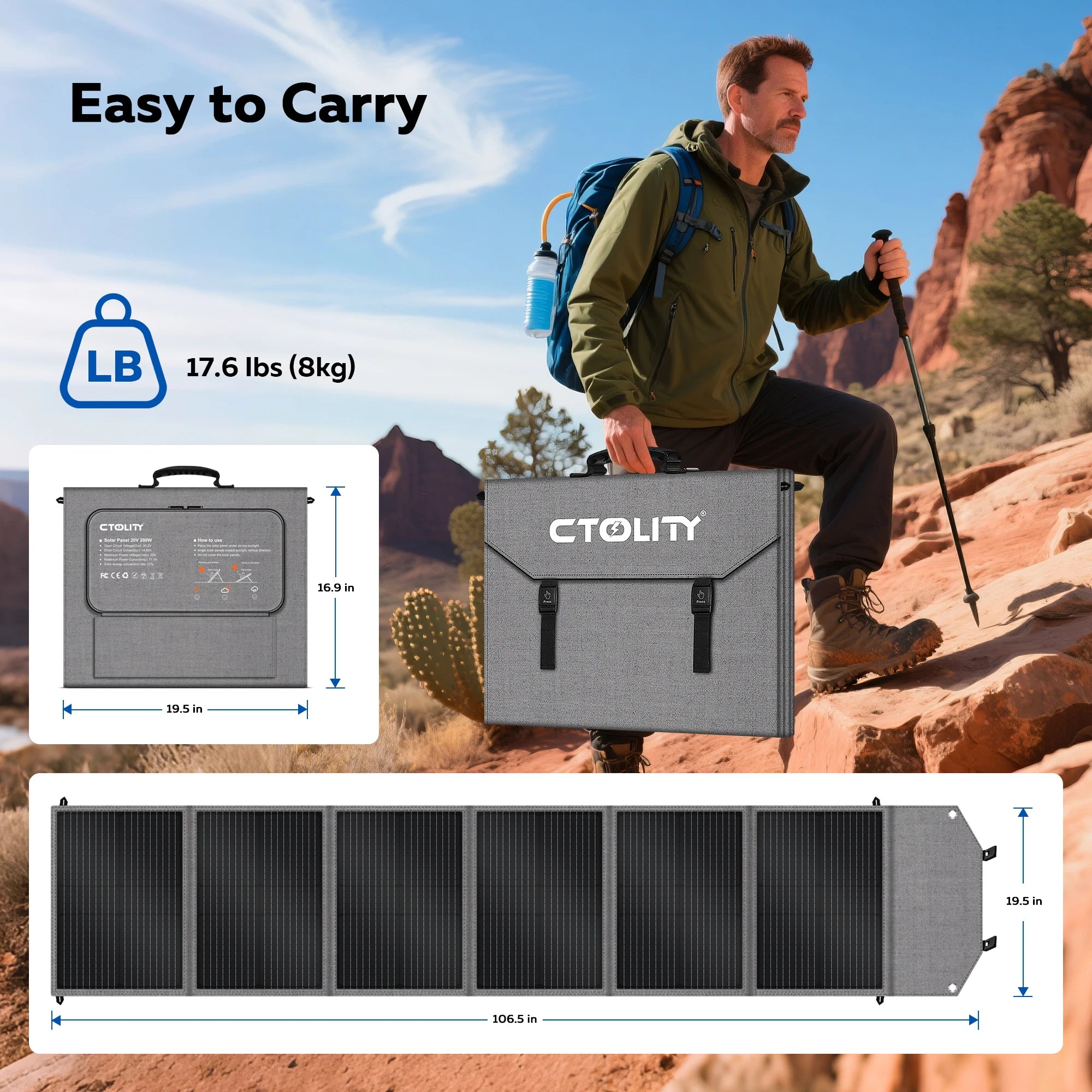 CTOLITY SP200 200W 20.5V Portable Solar Panel Camping Foldable Flexible MPPT Solar Cell Charger for House Camper Travel