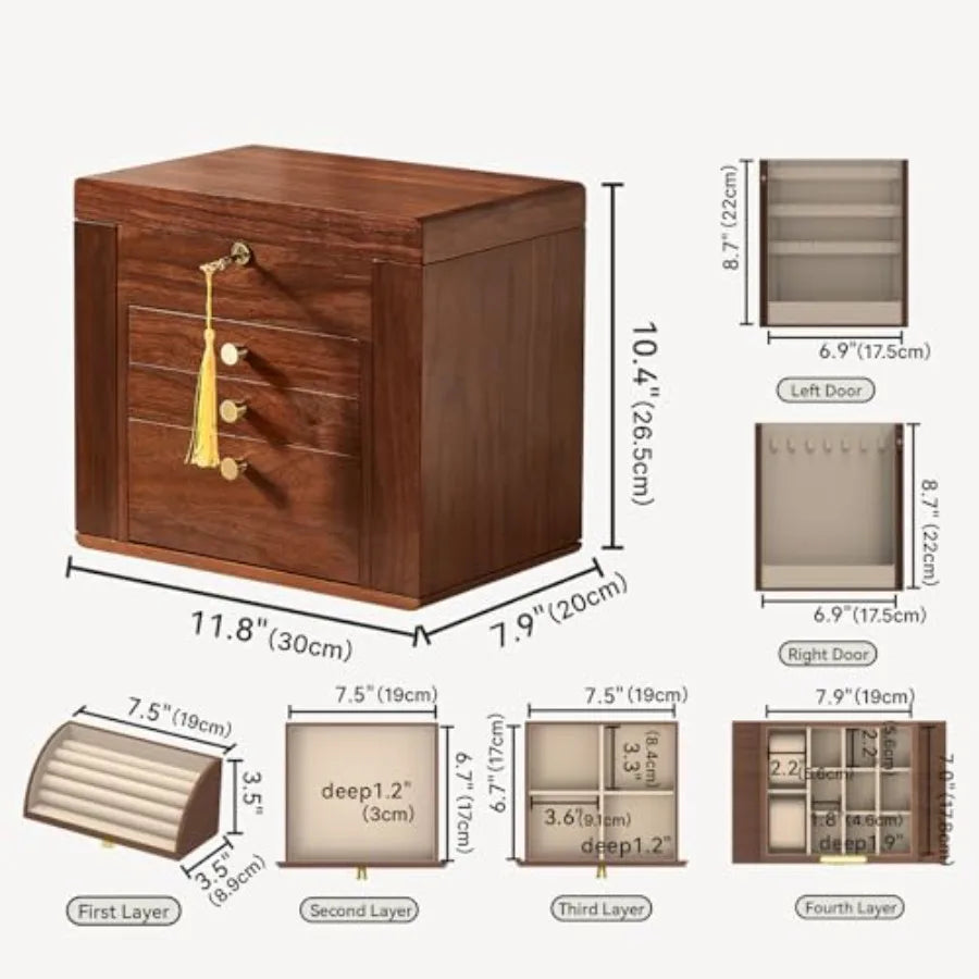 Black Walnut Wooden Jewelry Box Wood Jewelry Organizer with 2 Side Doors Mirror Lockable Classical for Watch Necklace Ring Earr