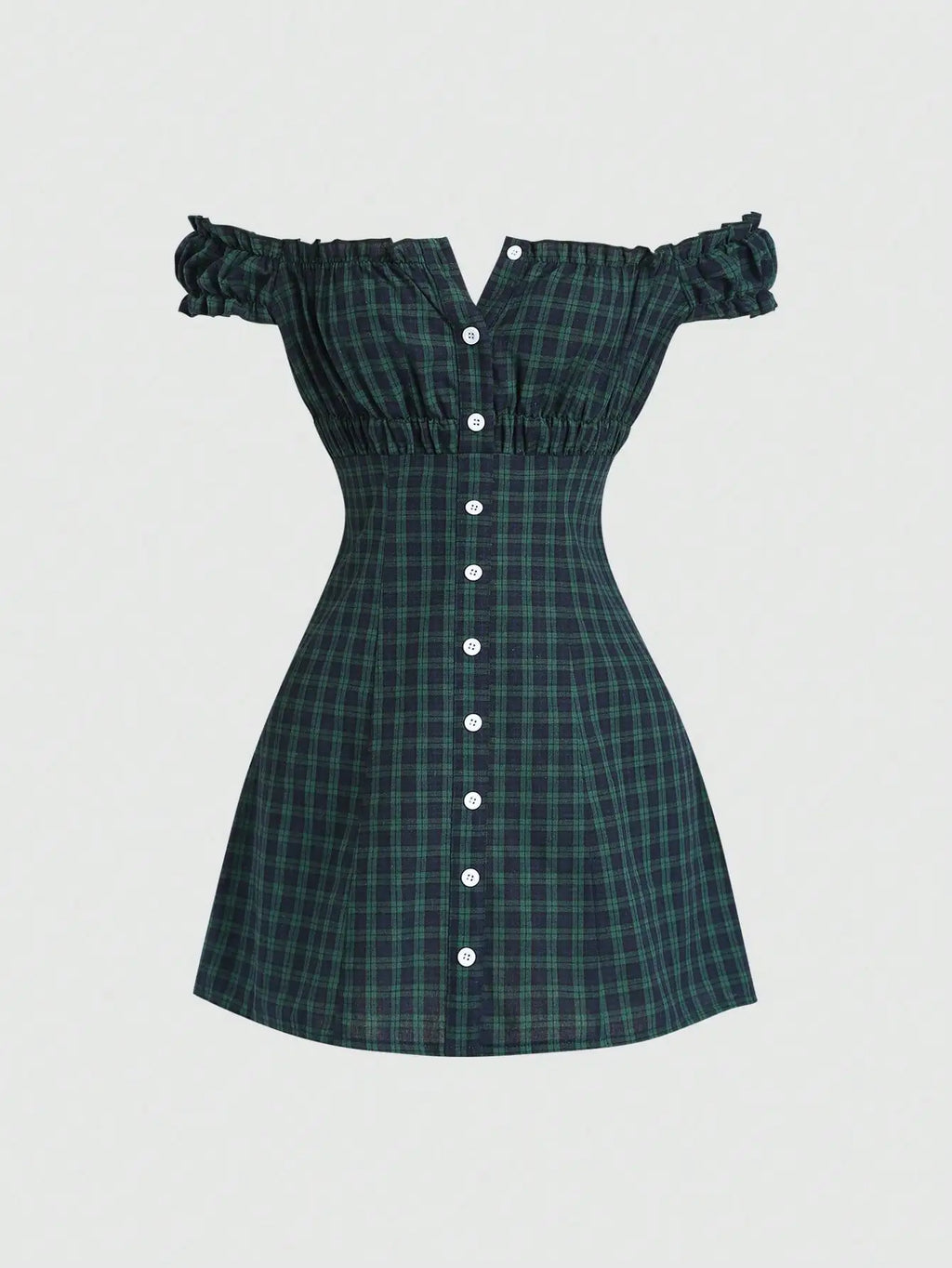 Plaid Off Shoulder Mini Dress with Button Front and Ruffle Sleeves for Women