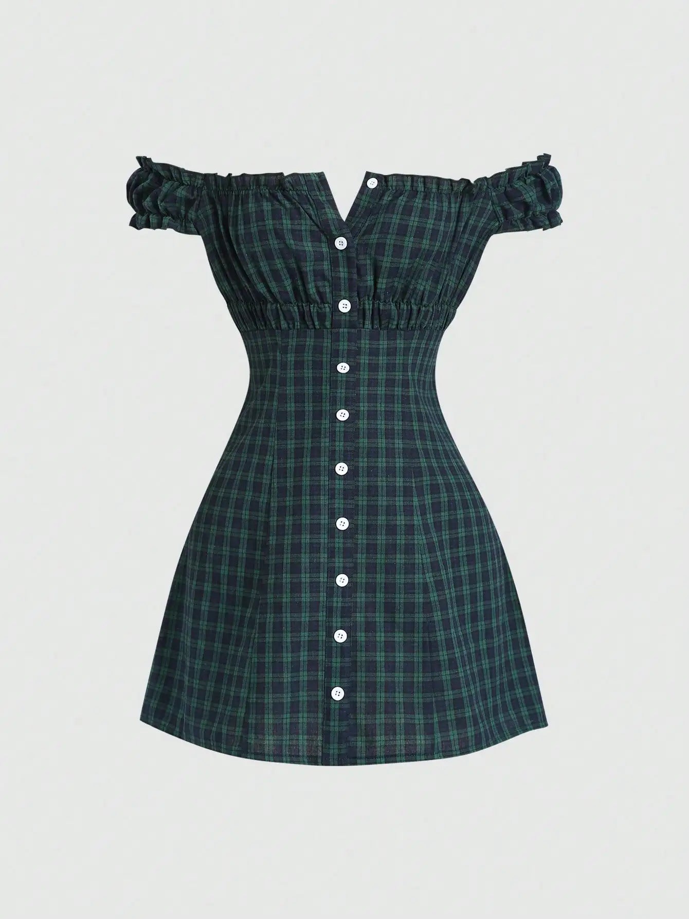 Plaid Off Shoulder Mini Dress with Button Front and Ruffle Sleeves for Women