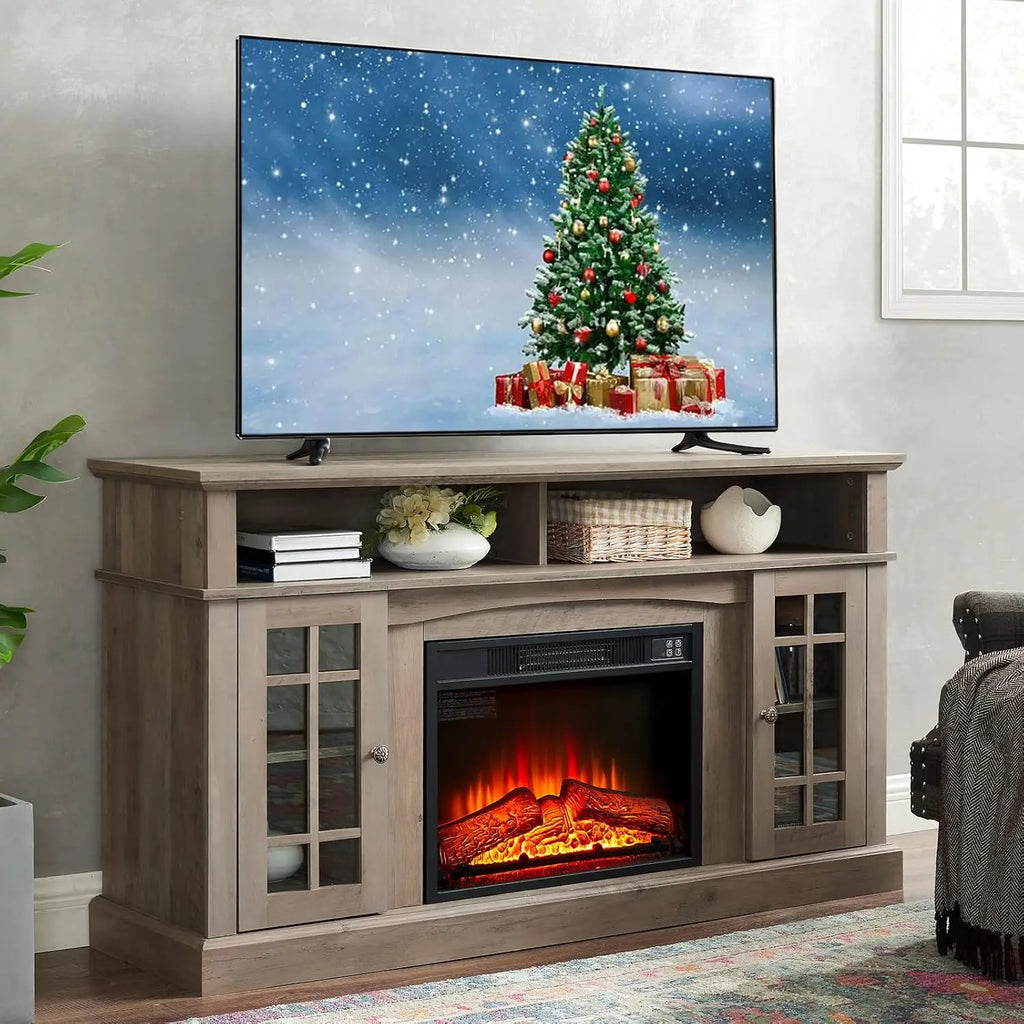 58" Farmhouse TV Stand with 23" Electric Fireplace Heater, Rustic Entertainment Center for TVs up to 65",, Customized