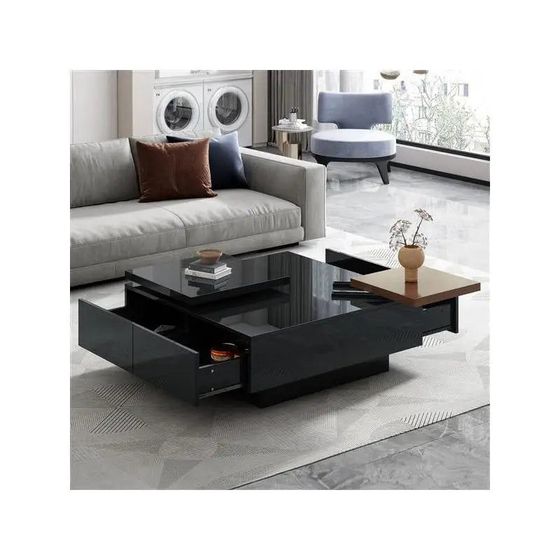 Modern Square Coffee Table with High Gloss Finish, Movable Design, 4 Hidden Storage Drawers for Living Room
