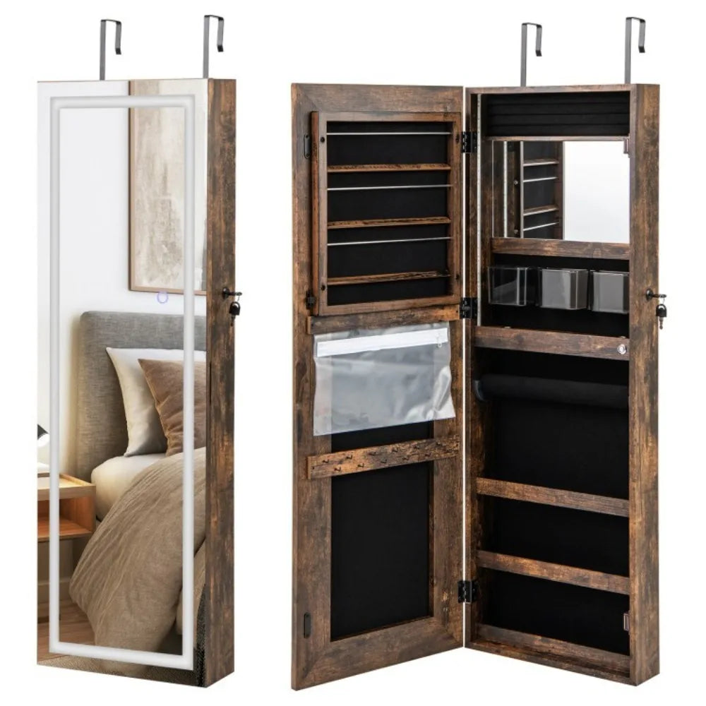 Lockable Jewelry Mirror Cabinet Wall & Door Mounted Jewelry Armoire W/LED Lights