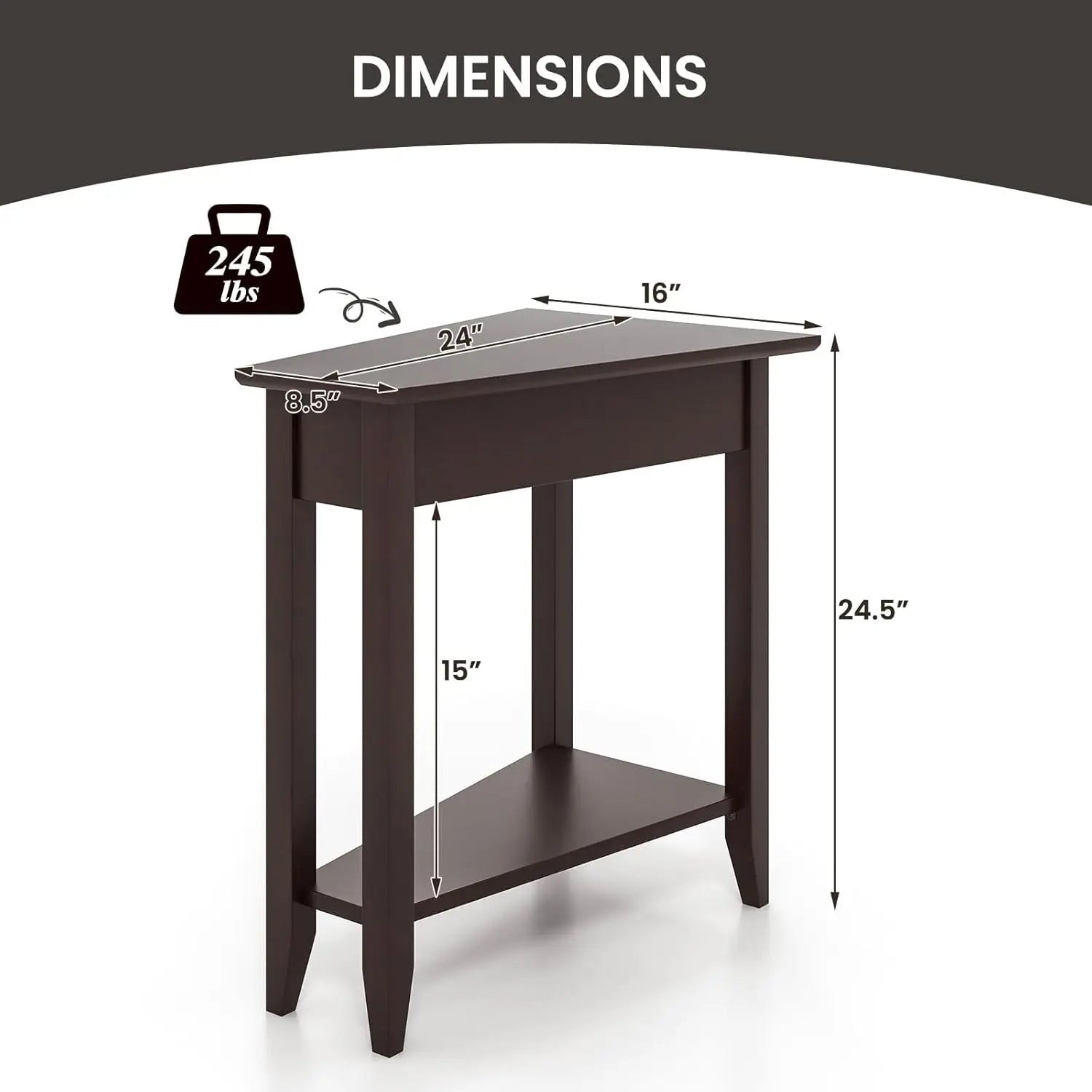 2-Tier Wedge End Table Set of 2, Narrow Triangle Nightstand with Storage, Solid Wood Legs, Espresso