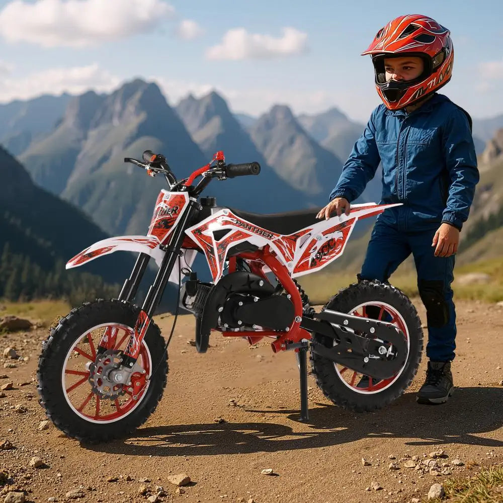 49cc 2-stroke off-road motorcycle, High performance mini motorcycle, equipped with brake system, and other safety devices