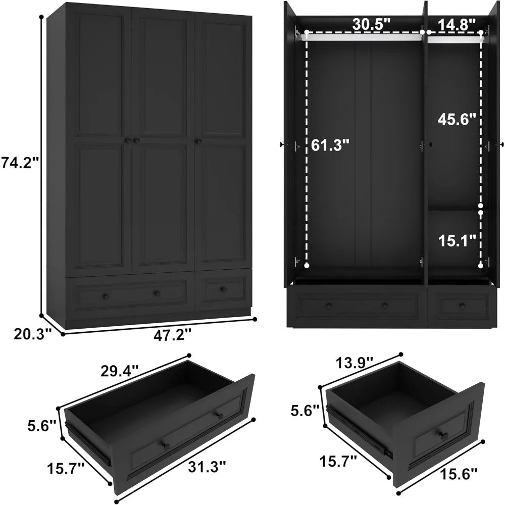 Wardrobe Closet with Drawers: 74" Black Tall Wooden Wardrobe Closet for Hanging Clothes, Large Bedroom Armoires with 2 Drawers