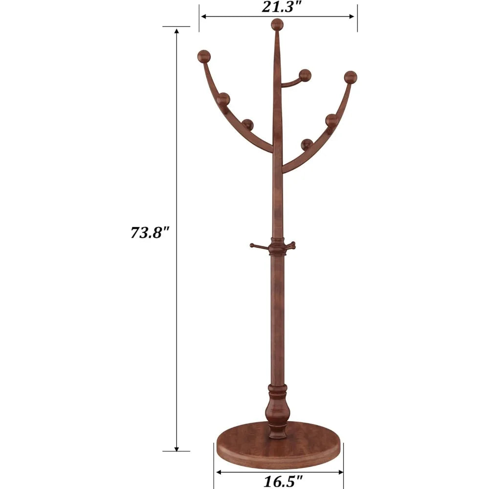 Wooden Freestanding Coat Rack with 11 Hooks, Sturdy Rubber Wood Hanger, Vintage Style