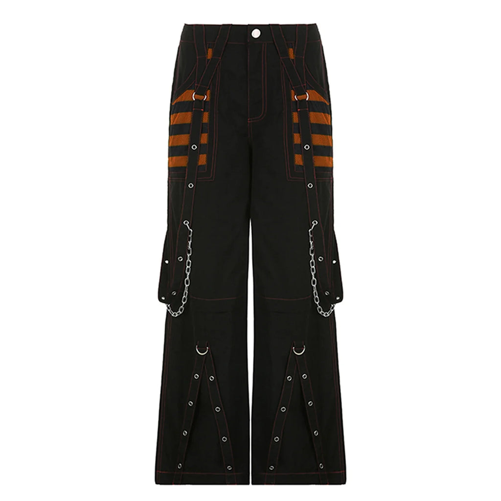 Women Fall Winter Cargo Jeans Striped Zipper Button Closure Loose Casual Trousers Streetwear with Pockets