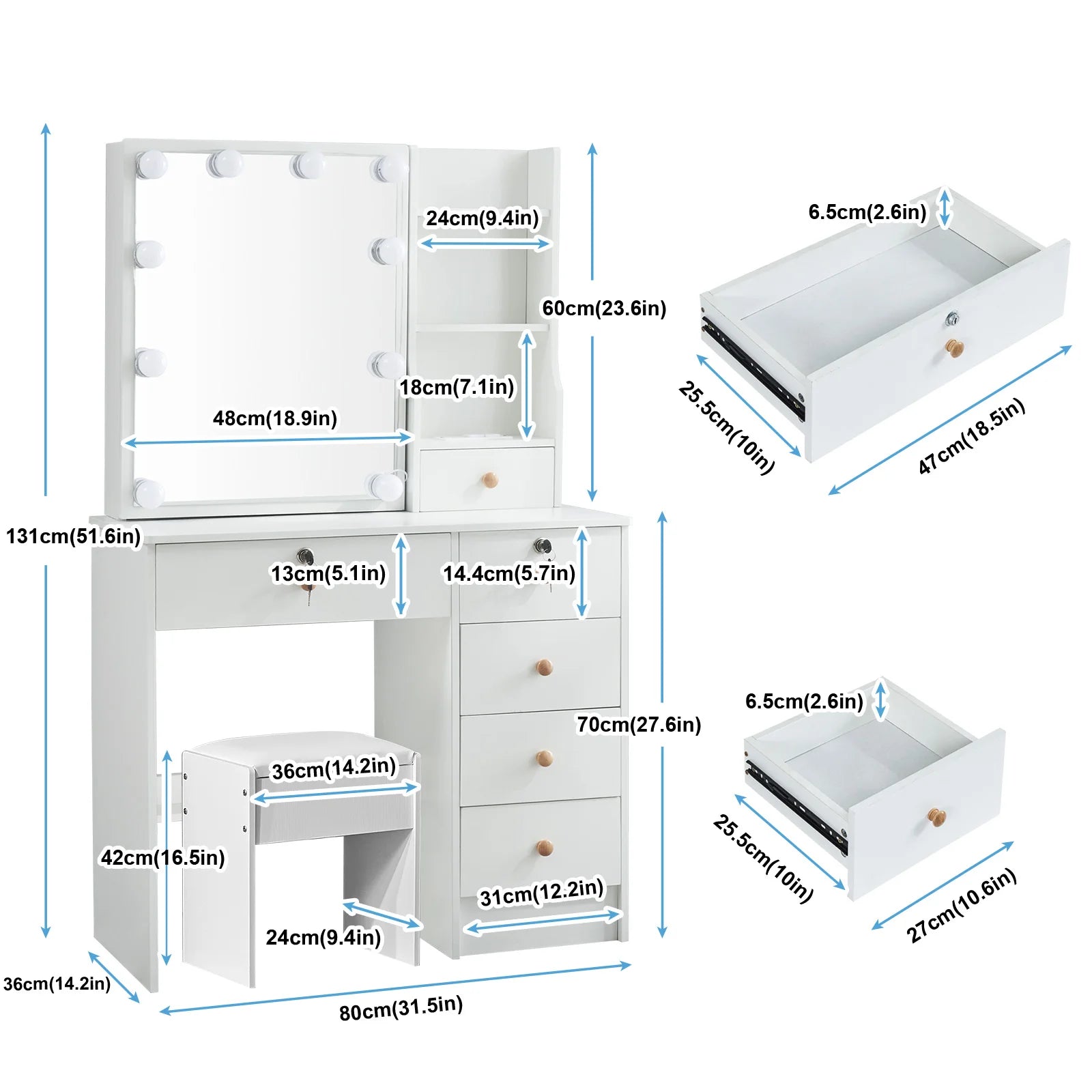 Vanity Set with 10 LED Lighted Mirror Makeup Dressing Table Dresser Desk & Stool