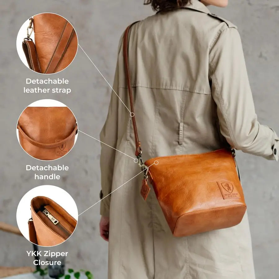 Genuine Leather Shoulder Bag Madison, Small Tote Bag, Bucket Bag, Top Handle Bag for Women Brown