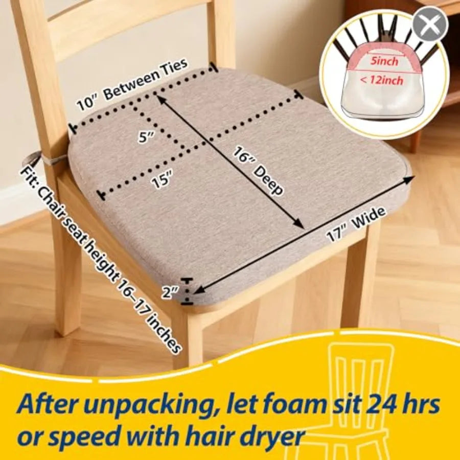 D-Shaped Chair Cushions 2" Thick Dining Chair Pads with Ties and Removable Machine-Washable Cover 17" x 16" Set of 6 Oatmeal Be