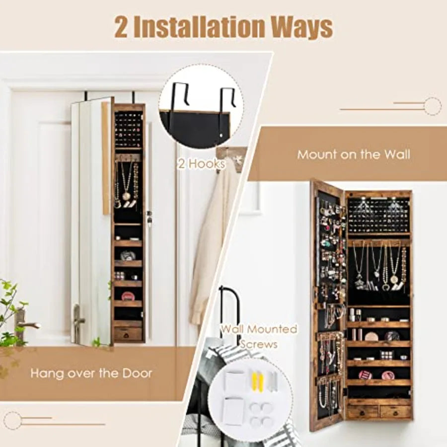 Jewelry Armoire Wall Door Mounted Hanging Jewelry Organizer w/Full-length Mirror 2 LED Lights and 2 Drawers Lockable Large Stor